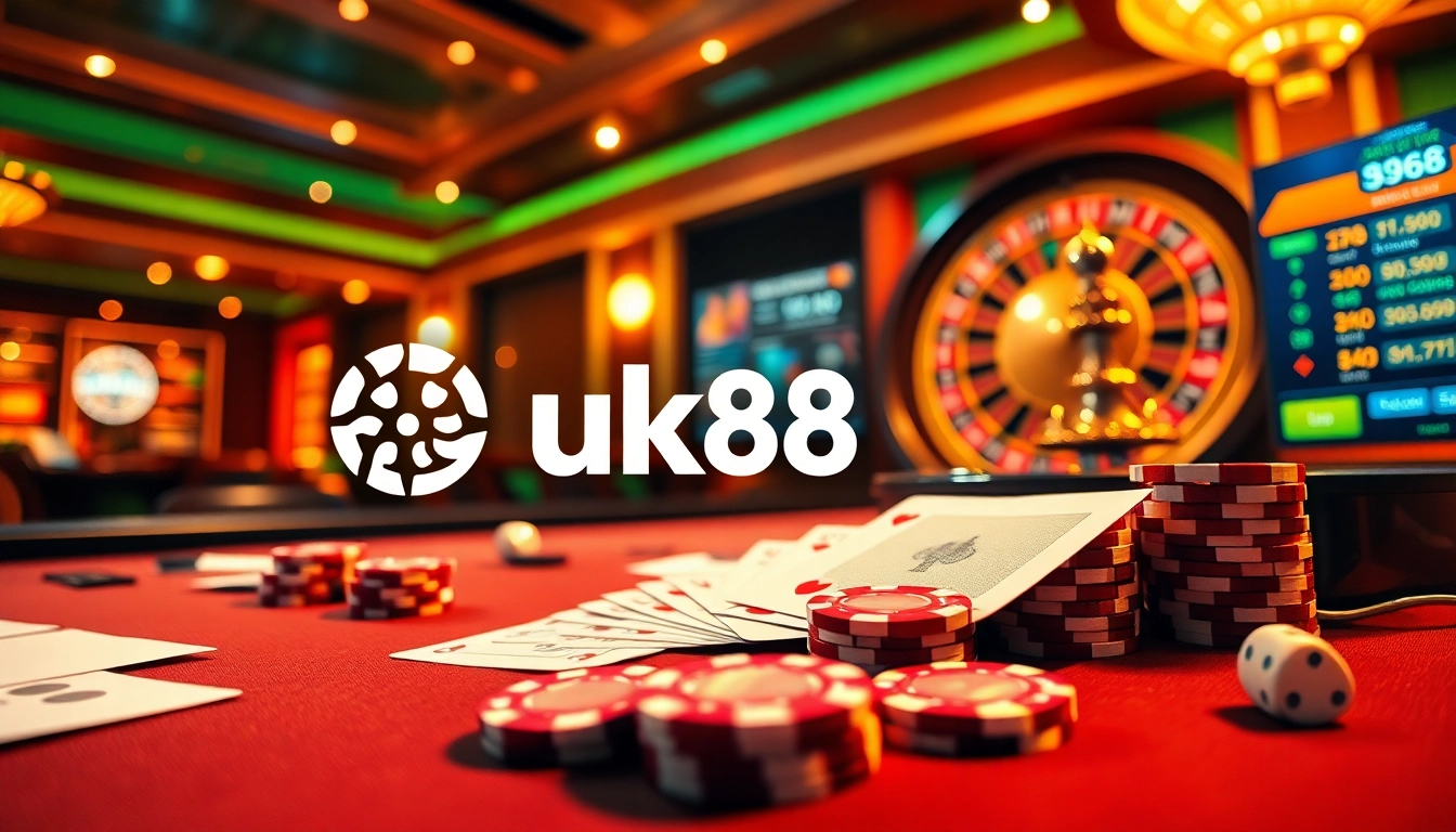 Experience the excitement at nhà cái uk88 with vibrant casino tables, chips, and betting slips.