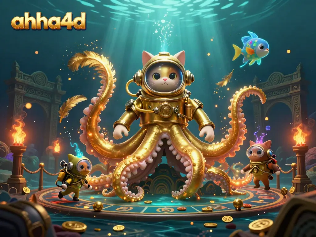 Engage in the vibrant action of ahha4d with a kraken, diving cat, and deep-sea fish in a dynamic casino-themed scene.