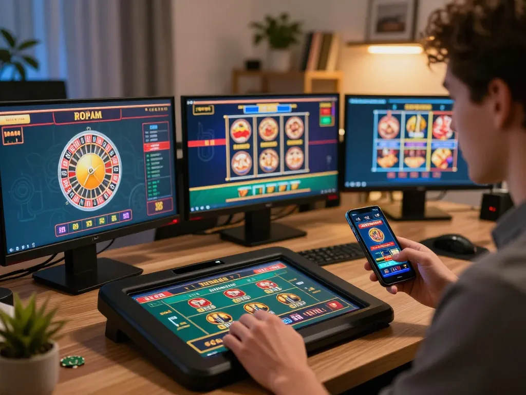 Engaging in online casino gameplay with multiple screens, showcasing casino reviews at the dailystar ensuring strategic gaming choices.