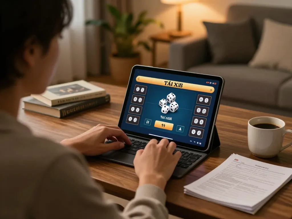 Tài xỉu online gameplay on tablet, showcasing betting options and dice rolls in a cozy home setup.