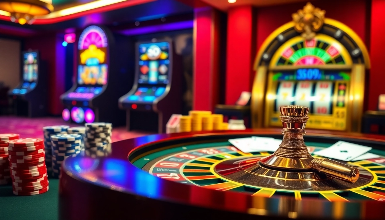 A vibrant casino scene featuring 58win's exciting roulette table and dynamic slot machine.
