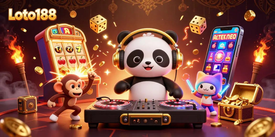 Loto188 powers up with colorful casino action featuring a DJ panda, dancing monkey, and glowing kitten.