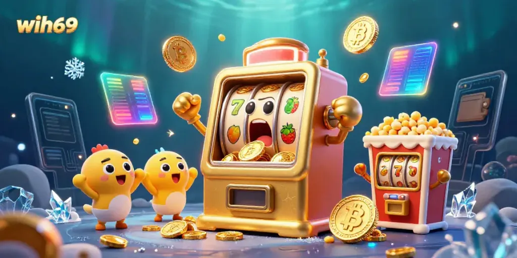 Mesin slot wih69 meraih jackpot dengan koin berkilau jatuh, menampilkan permainan online yang seru.