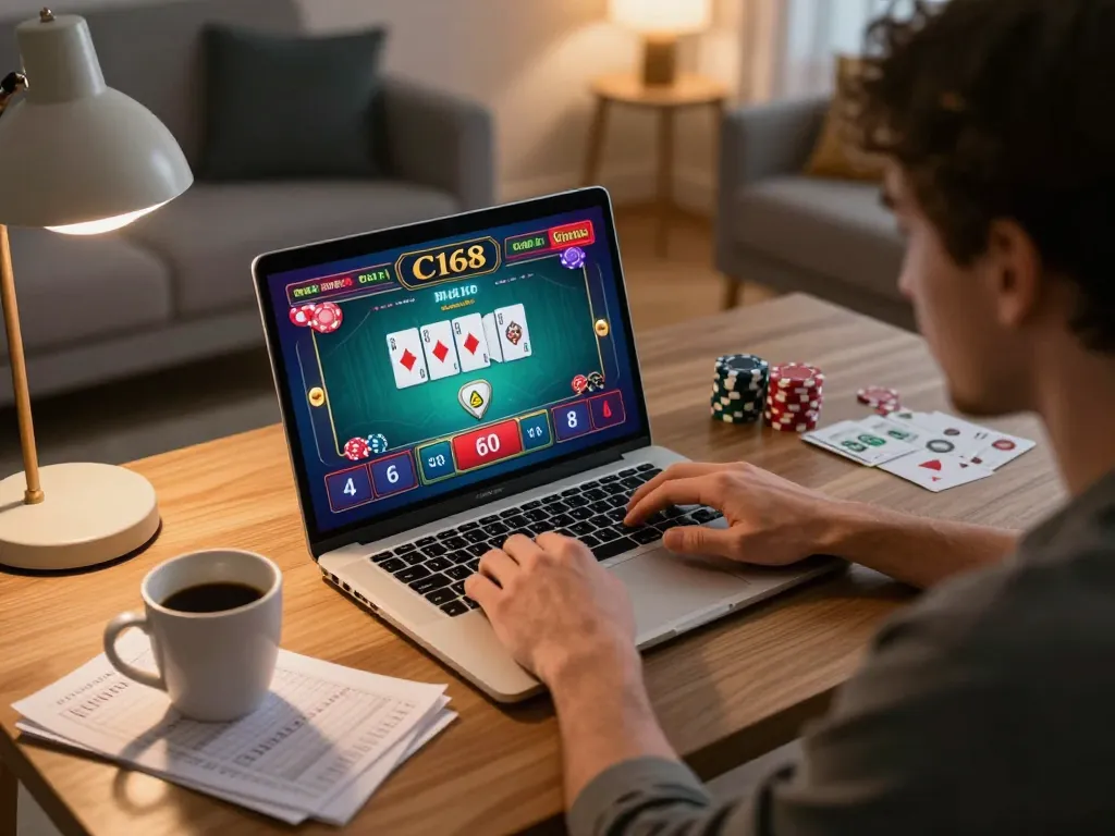 C168 player enjoying an online casino gaming session with laptop, strategy notes, and cozy atmosphere