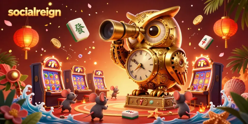 Engage with the socialreign thrill as the clockwork owl oversees a bustling casino scene filled with slots and lucky symbols.