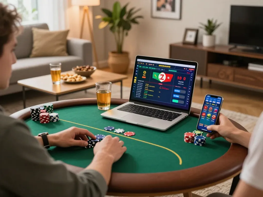 Player engaging in an online game of poker on their laptop at home, using gurita4d for thrilling gameplay experience.