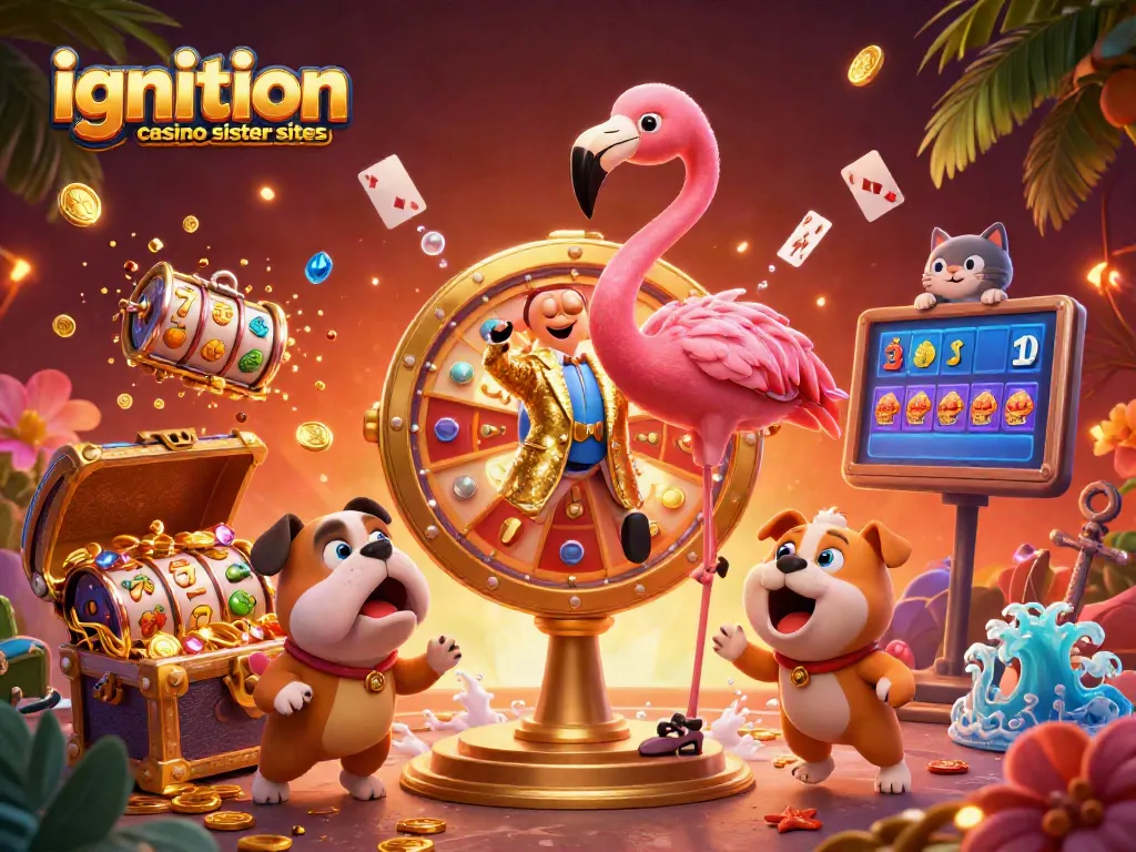Engaging illustration featuring ignition casino sister sites characters including a flamingo and bulldog, highlighting vibrant casino elements.