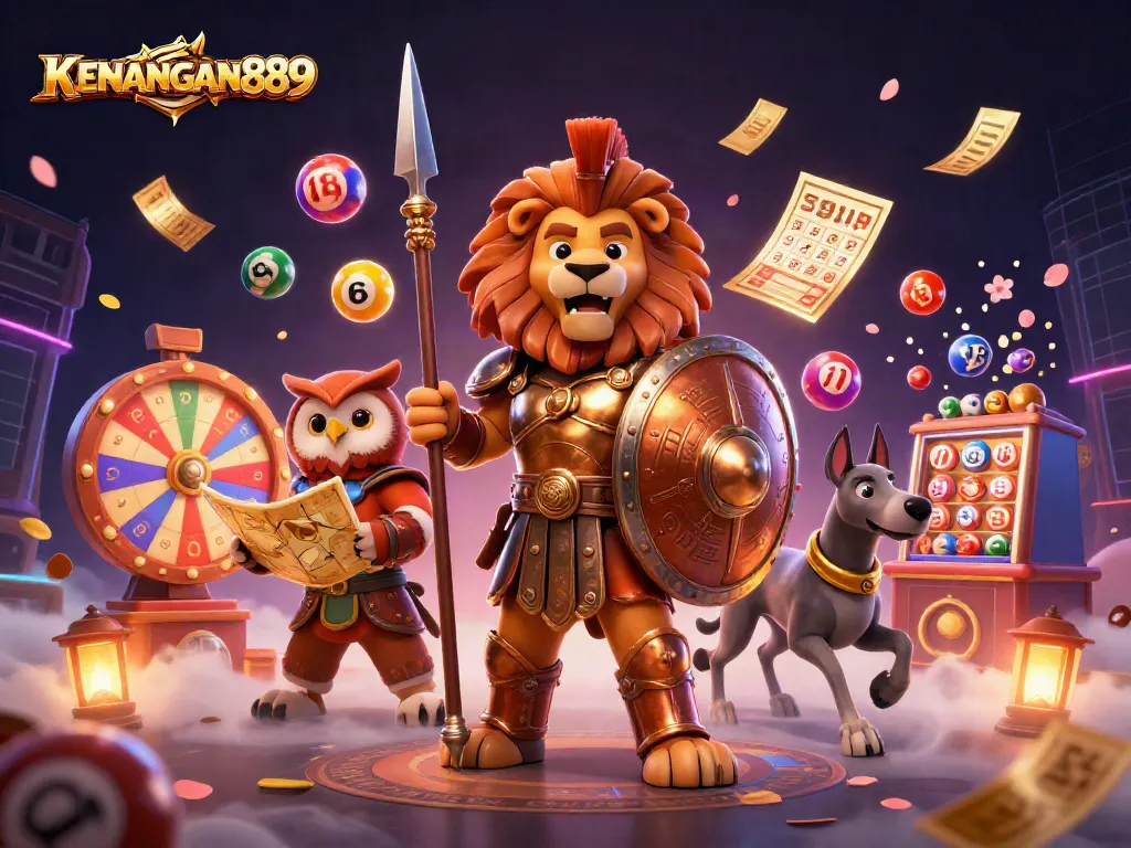 Experience thrilling wins at KENANGAN889 with a vibrant 3D illustration showcasing dynamic lottery action.