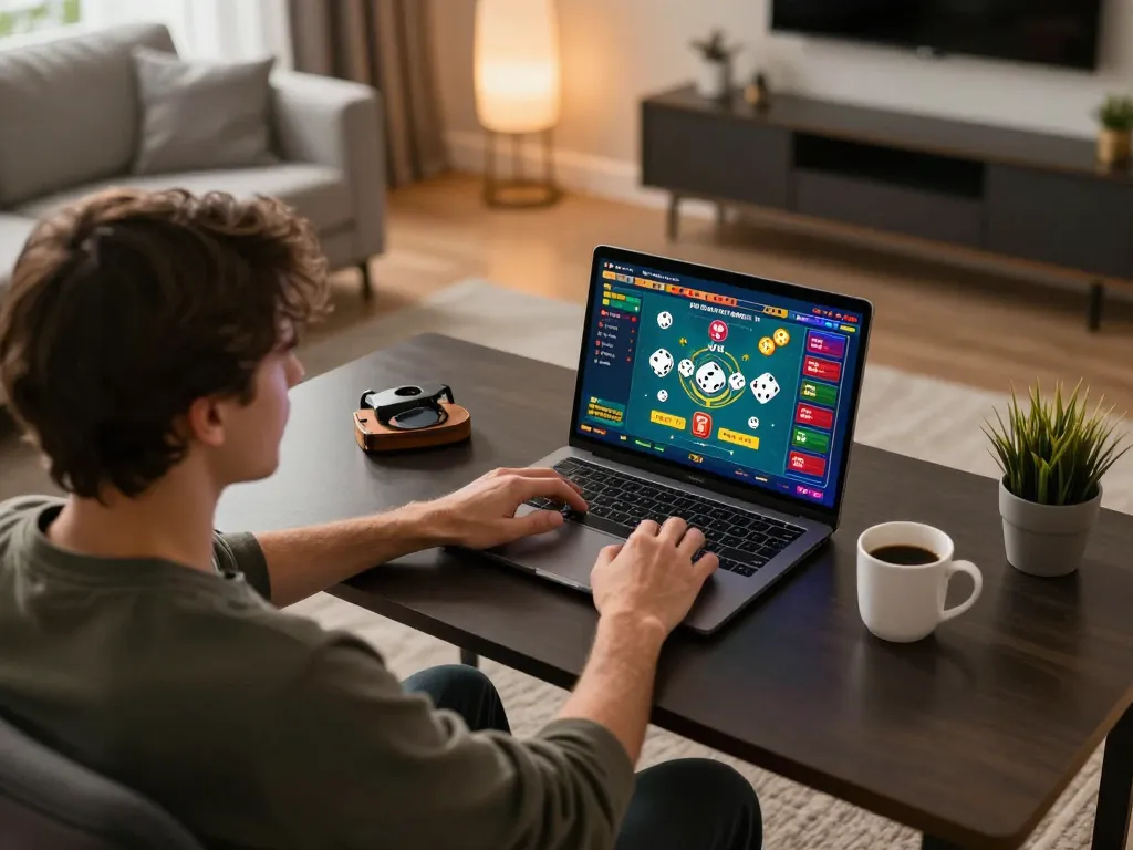 Engaging in tài xỉu online gameplay with a laptop in a cozy home setting, showcasing strategic gambling.