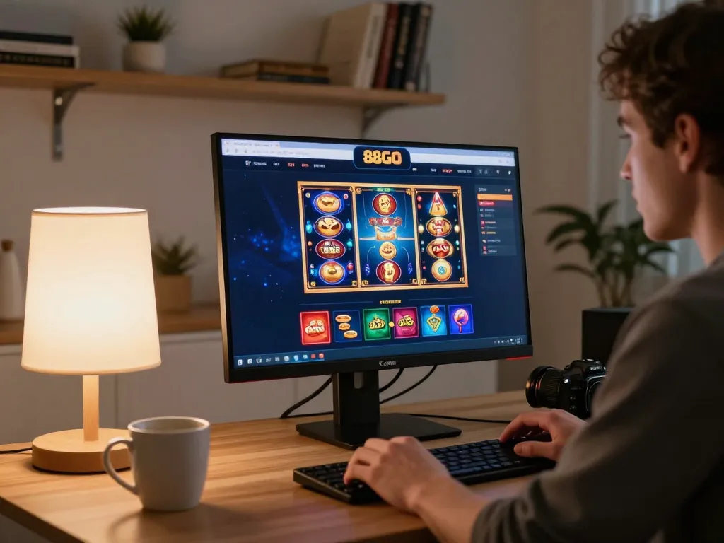 Engaging in online gaming at home with 88GO casino interface displayed on desktop, highlighting strategic play in a cozy environment.