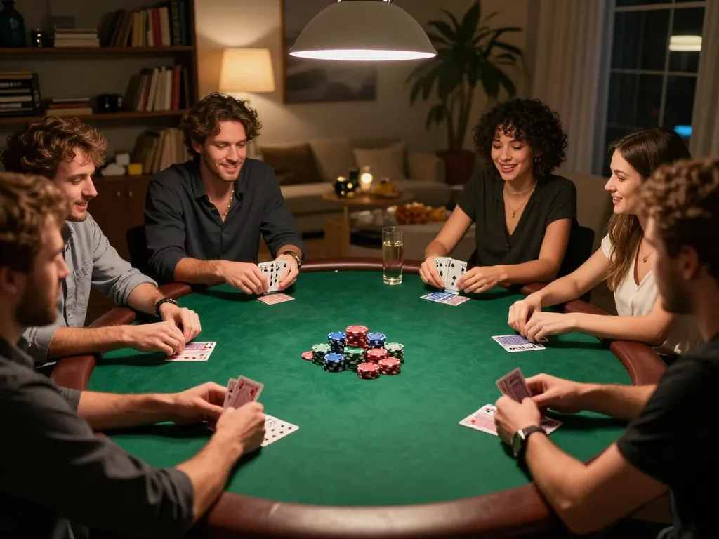 TT88 poker players engaged in a thrilling home game, showcasing strategy and camaraderie.