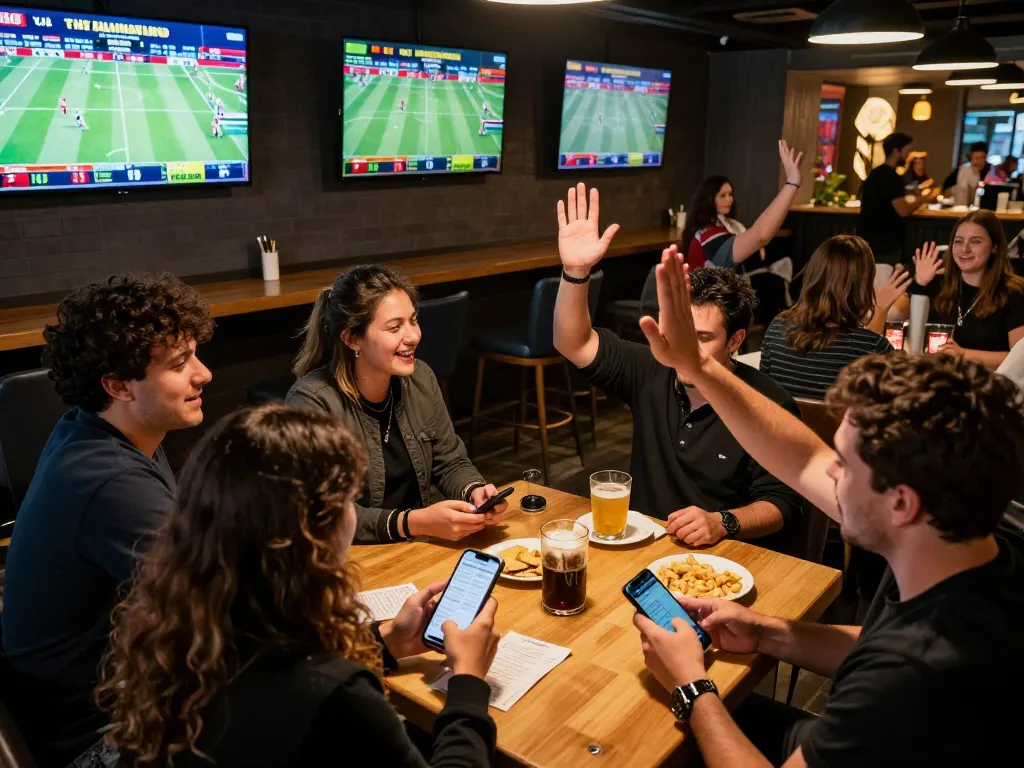 Cheering fans placing bets at MB66 during a live sports event, showcasing excitement and engagement.