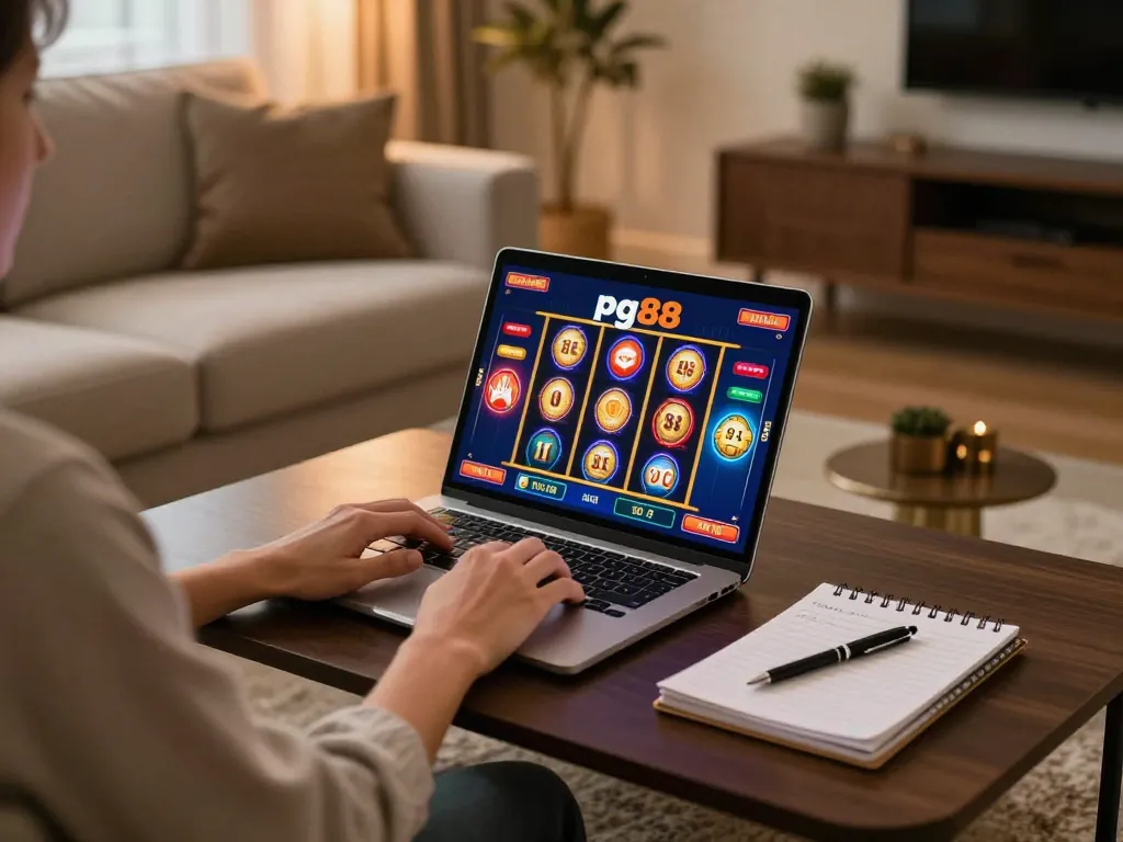 Engaged player experiencing pg88 online slots on laptop at home, documenting strategies.