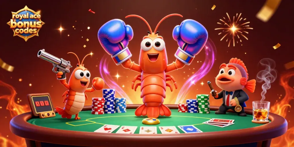 Play and win with royal ace bonus codes in an action-packed casino scene featuring vibrant characters and poker elements.
