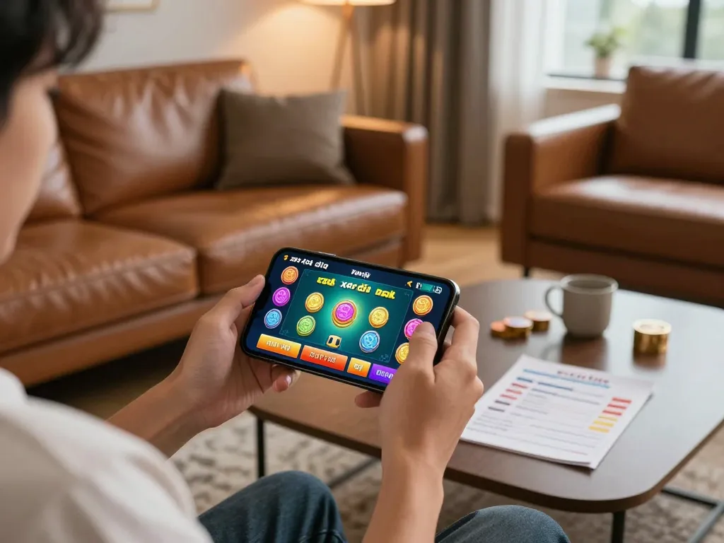 Engaging in a strategic xóc đĩa game on a smartphone with betting interface visible in a cozy living room.