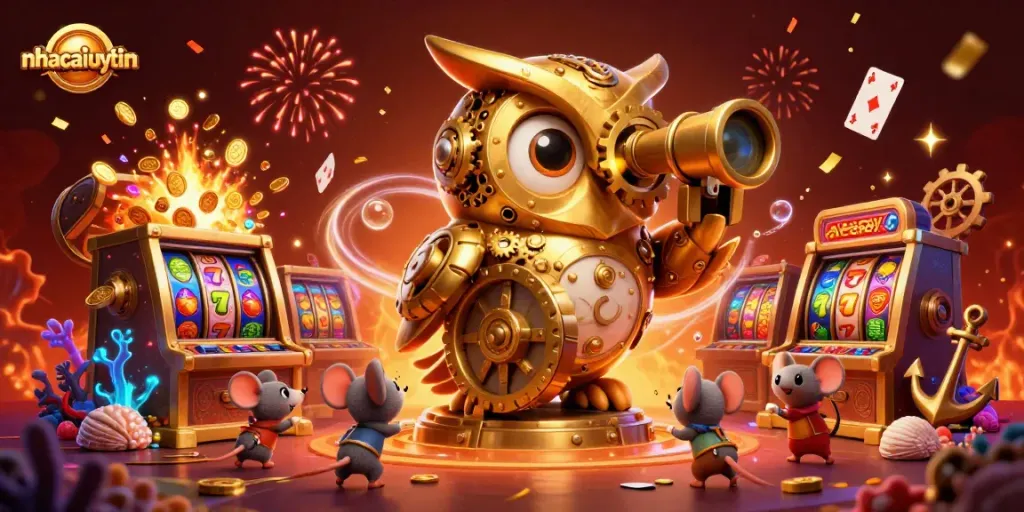 Experience the thrilling ambiance of nhacaiuytin casinos with a clockwork owl and vibrant slot machines.