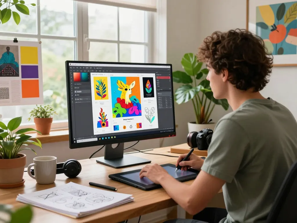 Designer using Nano Banana 2 AI image editor in vibrant digital studio