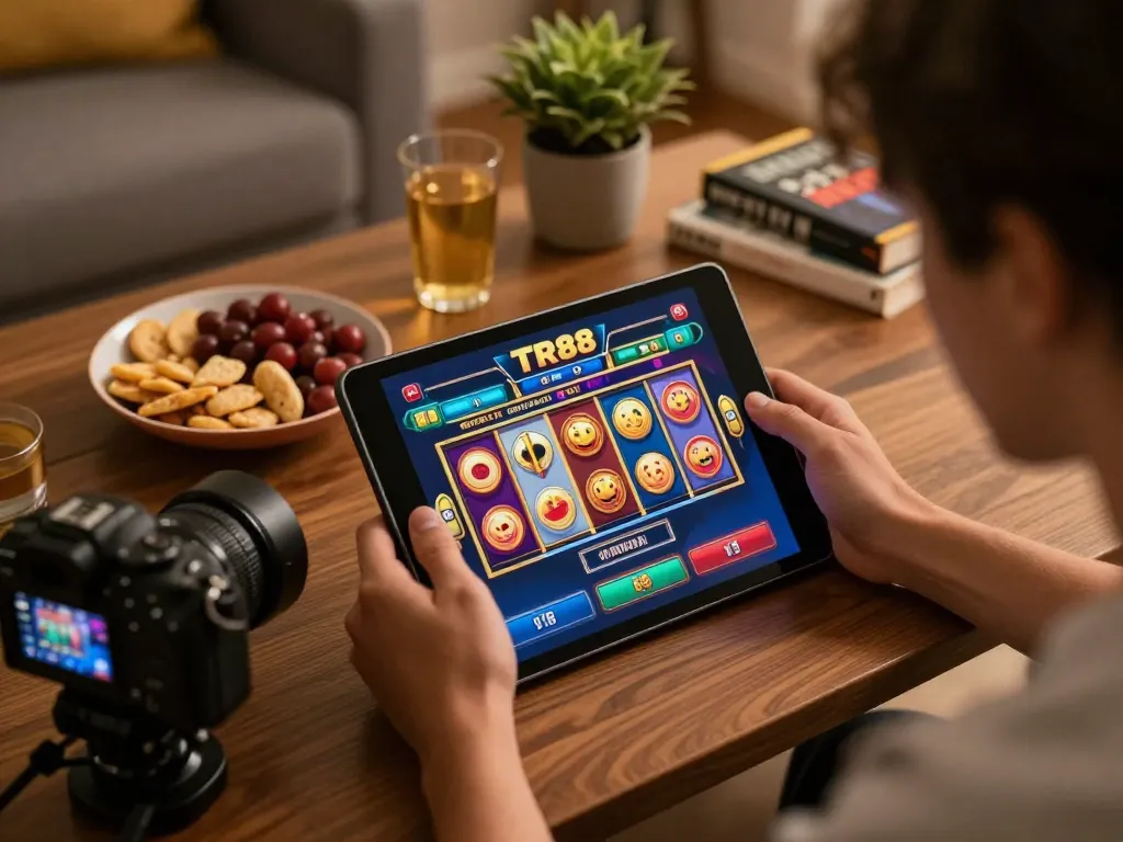 Engaged player enjoying TR88 online slots on tablet in a cozy home setting
