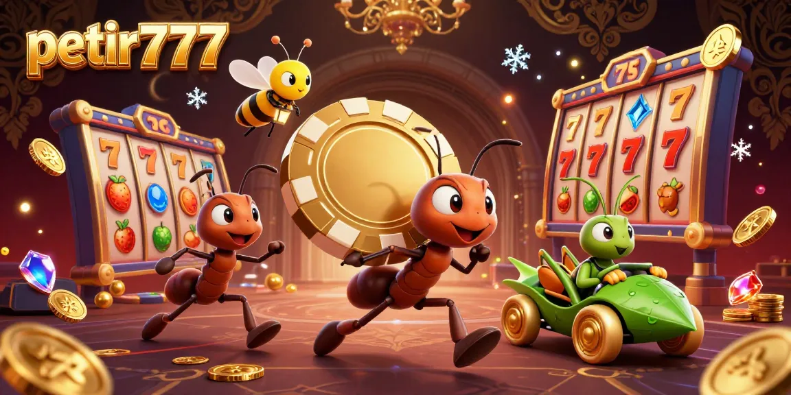 Experience petir777 thrilling slots action with ants carrying golden chips in a dynamic casino heist scene.