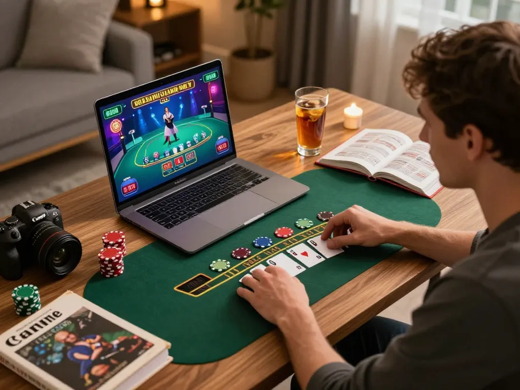 33win player focusing on live dealer blackjack in a stylish home office setting