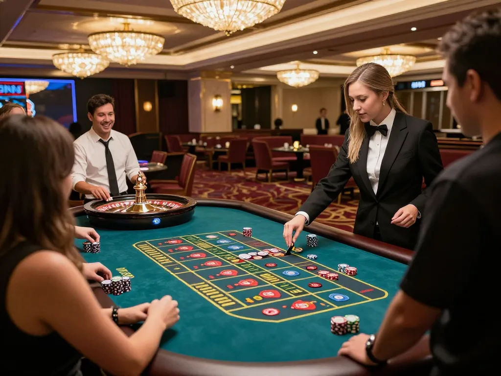 Players engaged at a roulette table experience the excitement of betting with OK8386 in a luxurious casino.