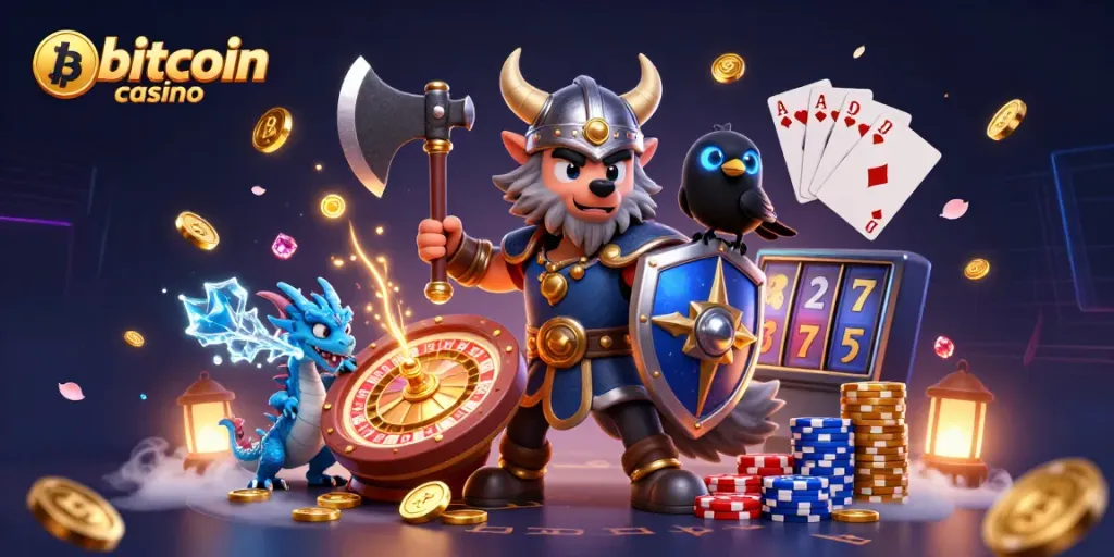 Experience the excitement of bitcoin casino gaming with this dynamic 3D scene featuring powerful characters.
