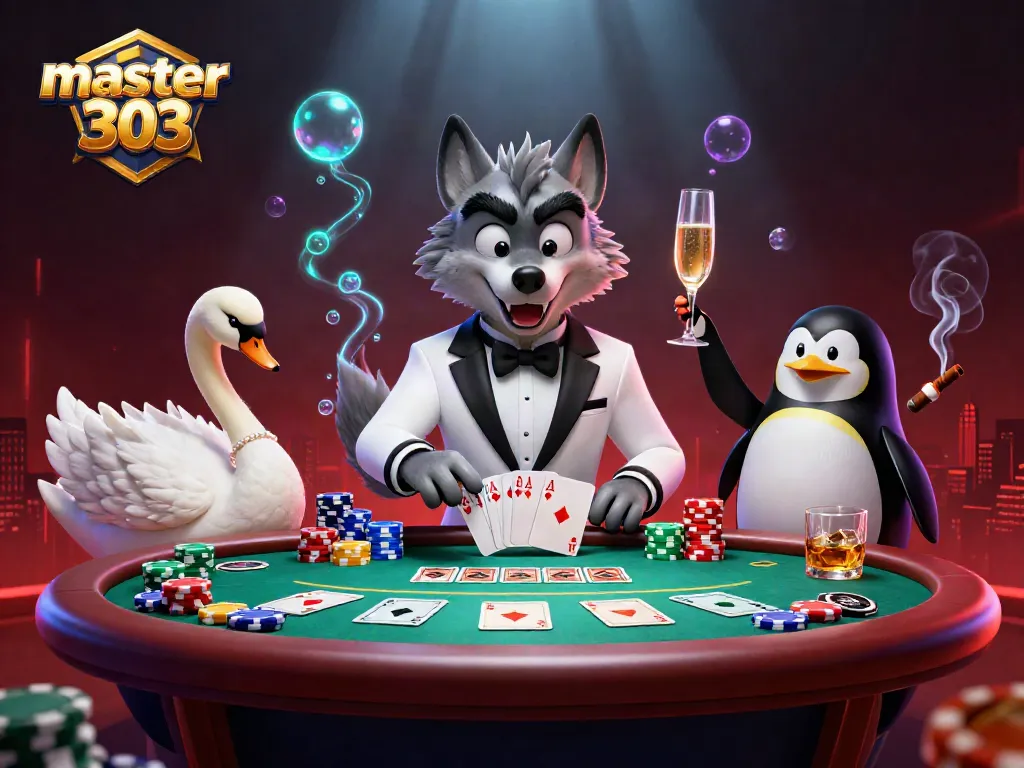 Bermain di master303 dengan dealer dan karakter yang elegan di meja poker yang menarik.