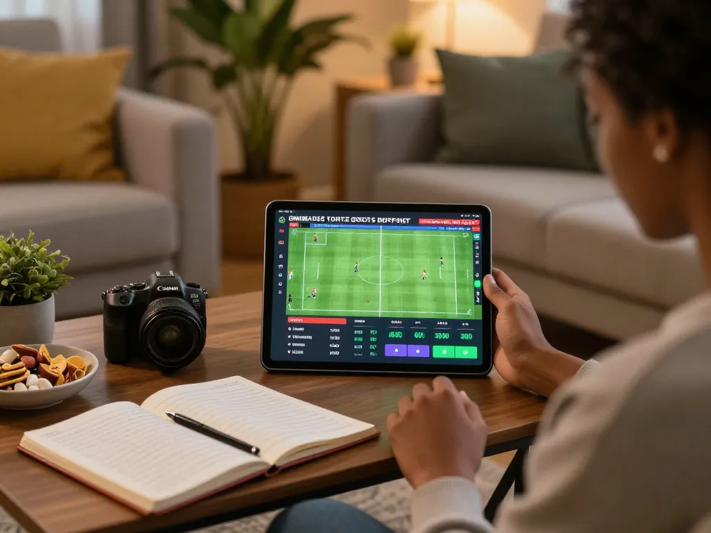 Engage with kèo bóng đá hôm nay using a tablet while placing strategic sports bets in a cozy living room