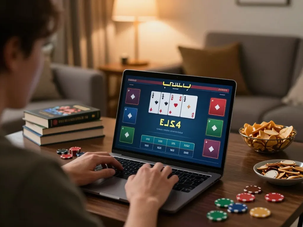 Player strategizing on nk88 online poker platform in a cozy home setting