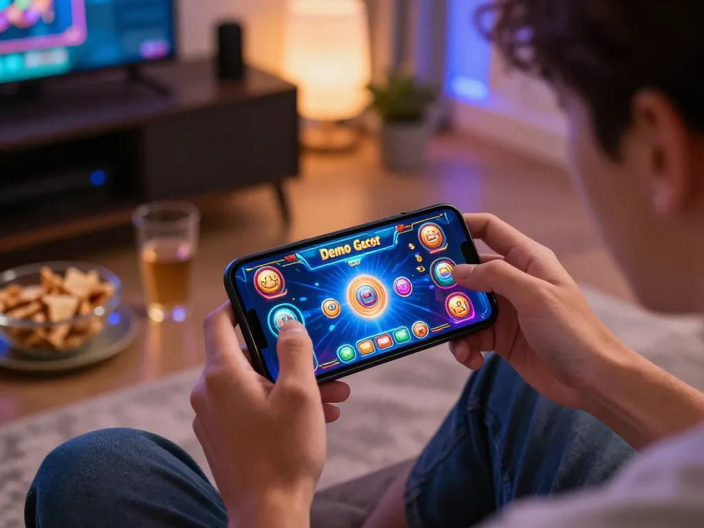 Engaged player experiencing Demo Gacor online gaming on mobile device in cozy home setting.