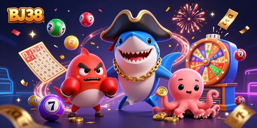 Engage in winning at BJ38 casino with vibrant lottery elements, pirate shark, and pufferfish.