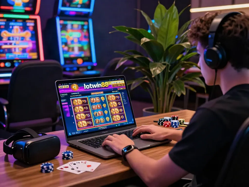 Engaged user exploring hotwin88 gaming platform in a vibrant online casino setup.