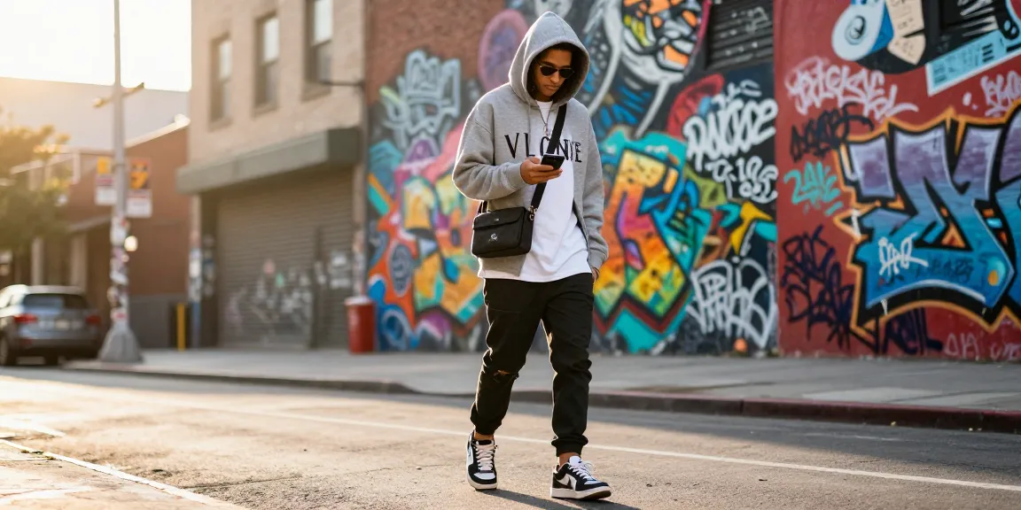Person in a Vlone hoodie walking through an urban street showcasing vibrant street art, reflecting modern urban fashion.