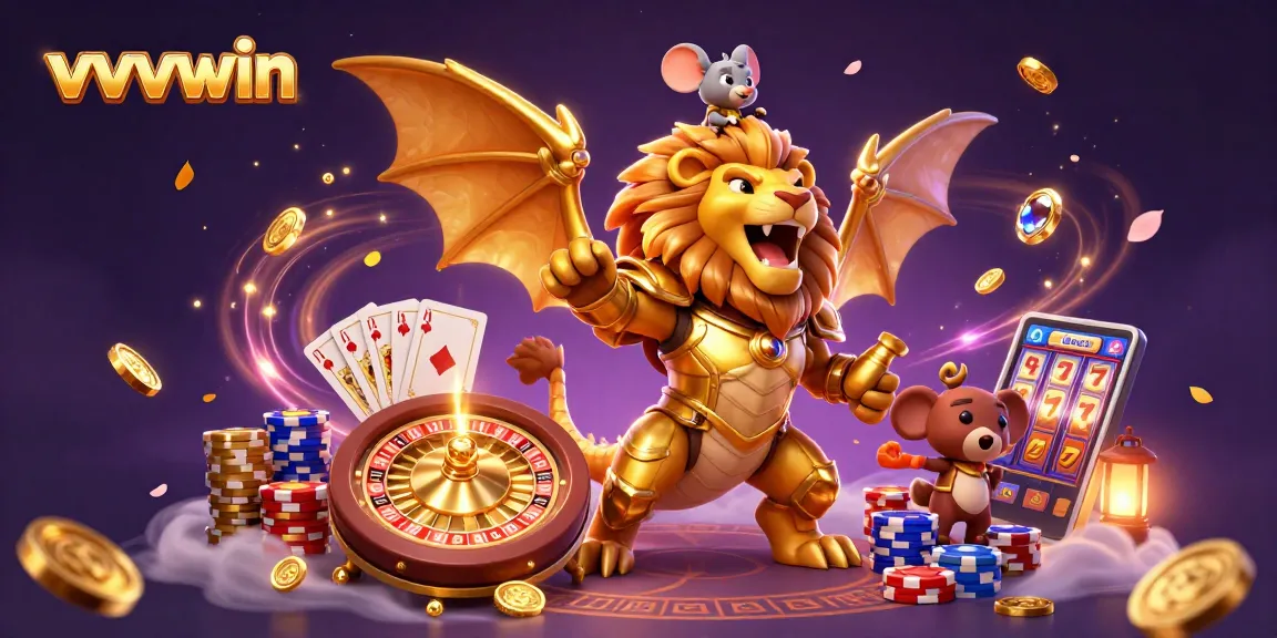 Experience thrilling wins at vvvwin with our captivating 3D gaming illustration featuring roaring chimera and lavish rewards.