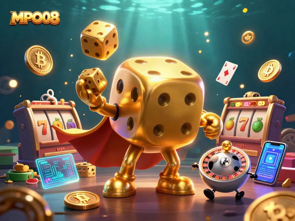 Engage in MPO08 slots with golden dice golem balancing jackpot elements and crypto coins.
