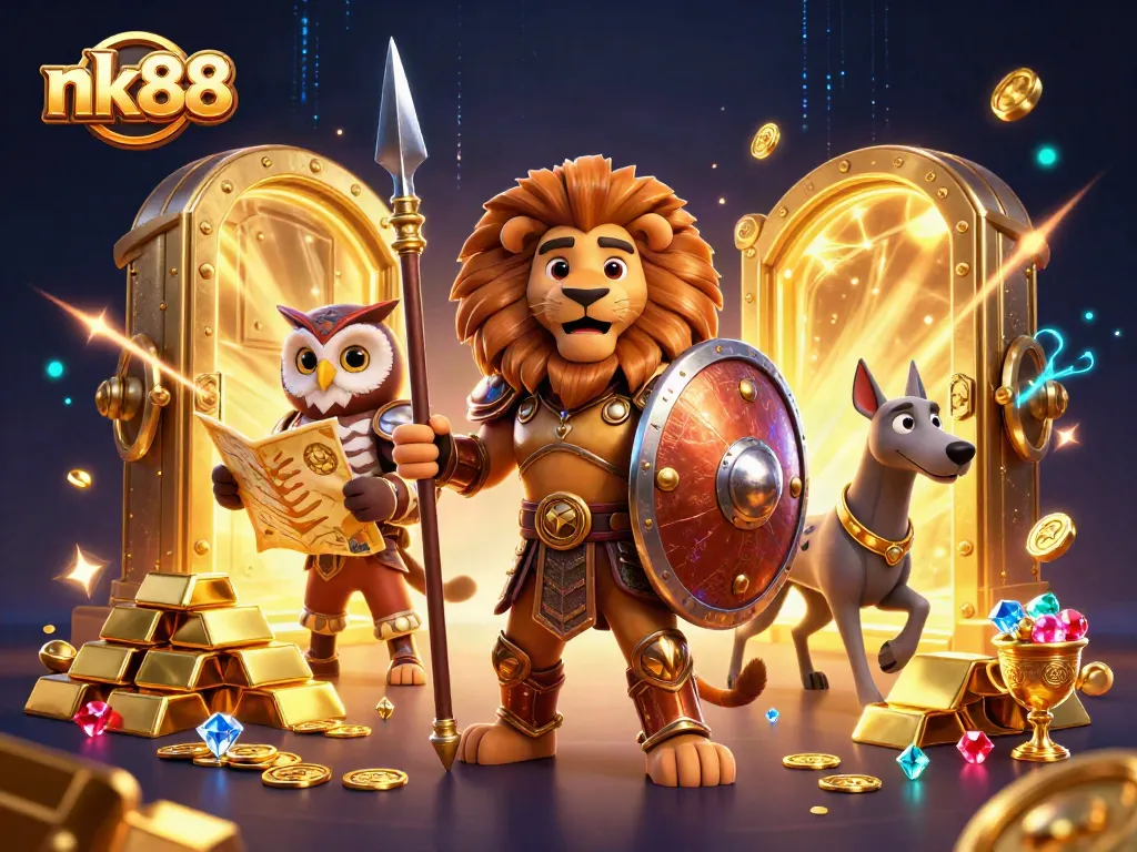 Engage in interactive gameplay with nk88 featuring a Spartan lion and treasure vault.