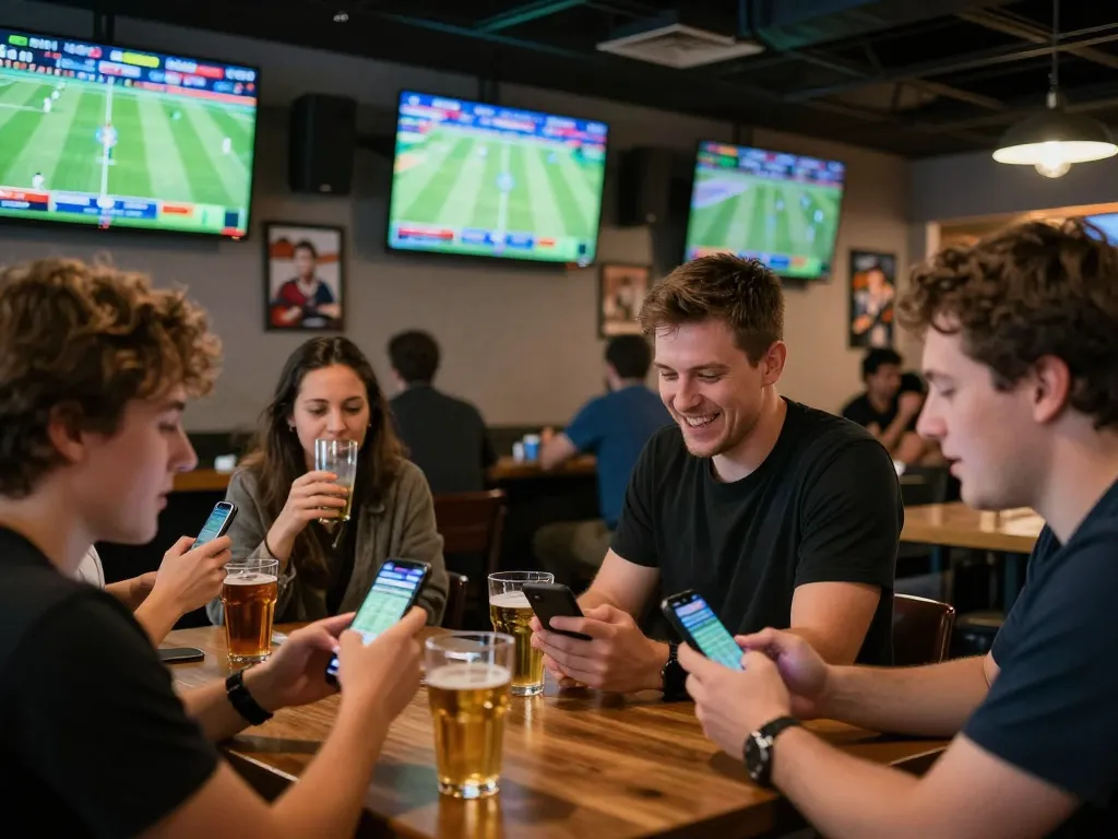 Betting on live sports at a lively bar with friends using the 777vip app