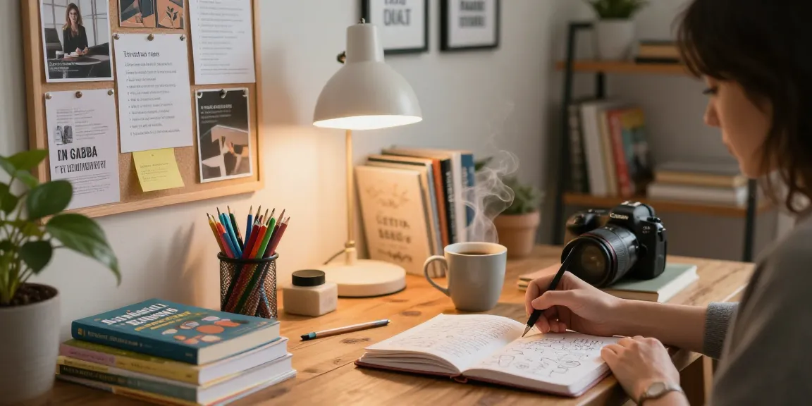 Workspace pribadi dengan catatan pengembangan diri dan halte4d yang memotivasi.