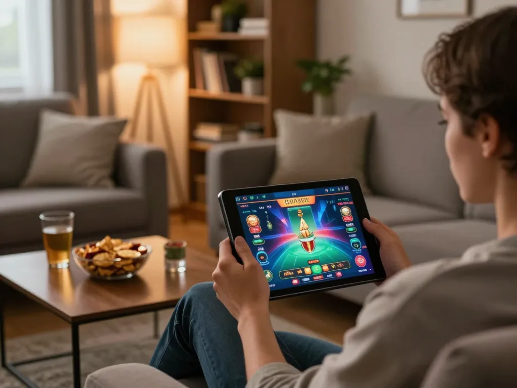 Pfly88 home gaming setup featuring a cozy atmosphere with a person using a tablet for online casino games.