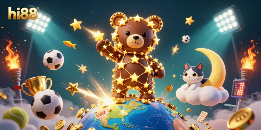 This vibrant hi88 casino illustration showcases constellation bear scooping coins, embodying interactive gaming fun.