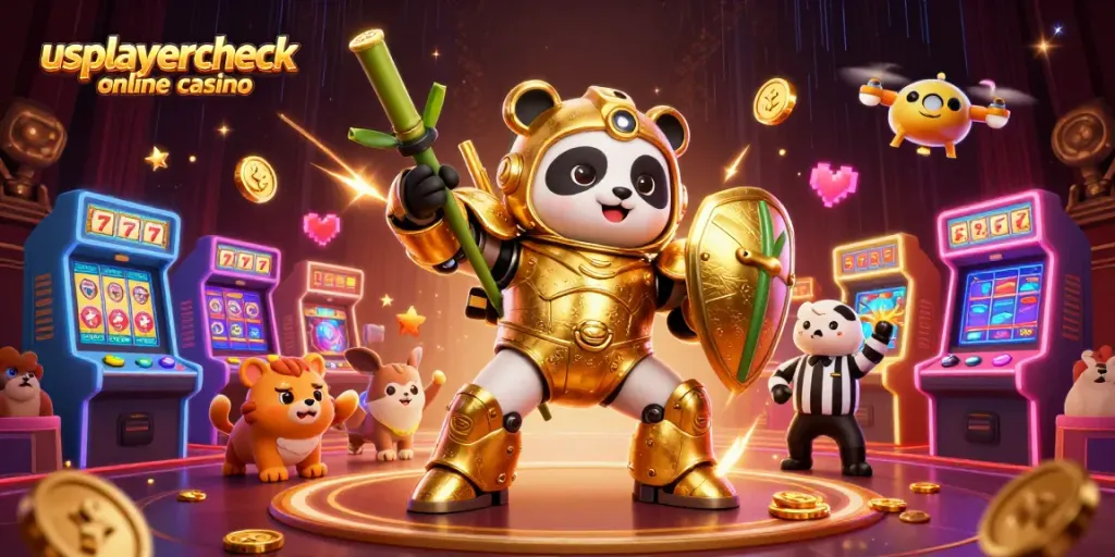 Piloting the usplayercheck online casino mech-suit panda robot, vibrant and dynamic casino elements.