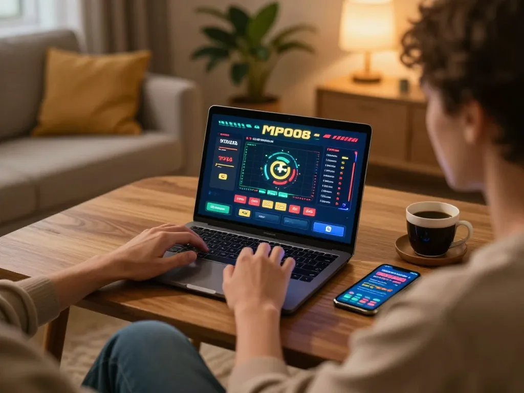 MPO08 gaming interface on a laptop showing interactive gameplay, emphasizing user engagement at home.