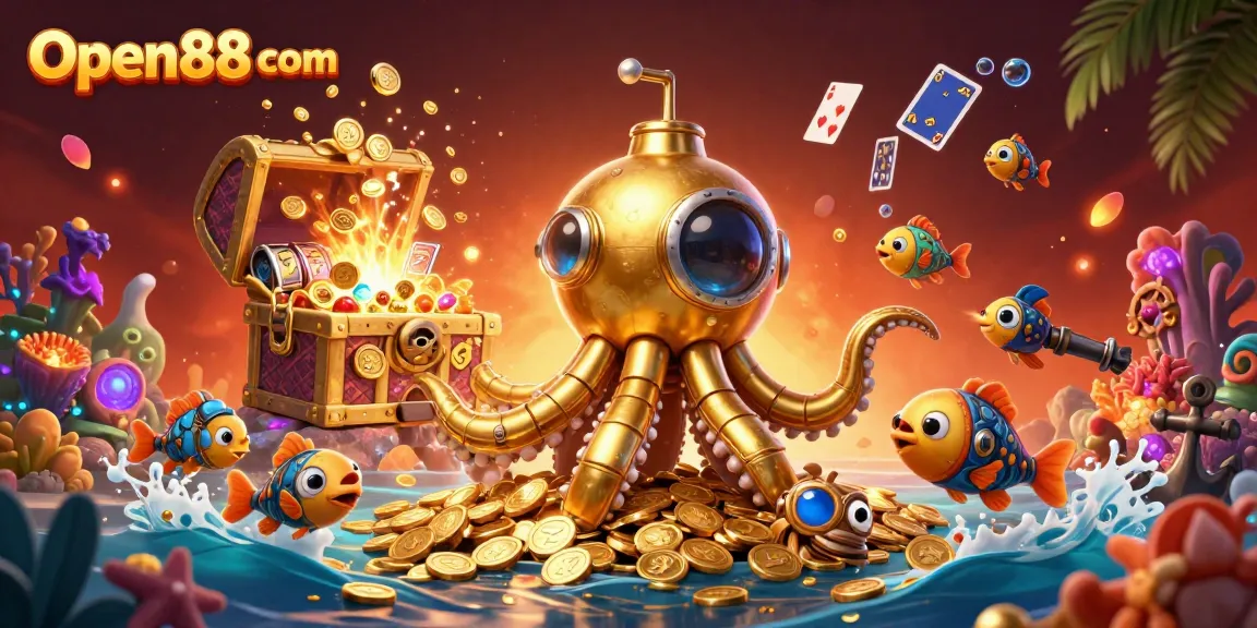 Engage with the fun of Open88 com by exploring a rich 3D casino scene with a golden kraken submarine and vibrant slot elements.