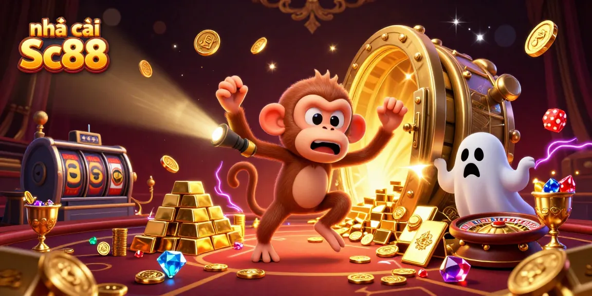 Experience thrilling gameplay at nhà cái Sc88 while a poltergeist monkey juggles casino riches.