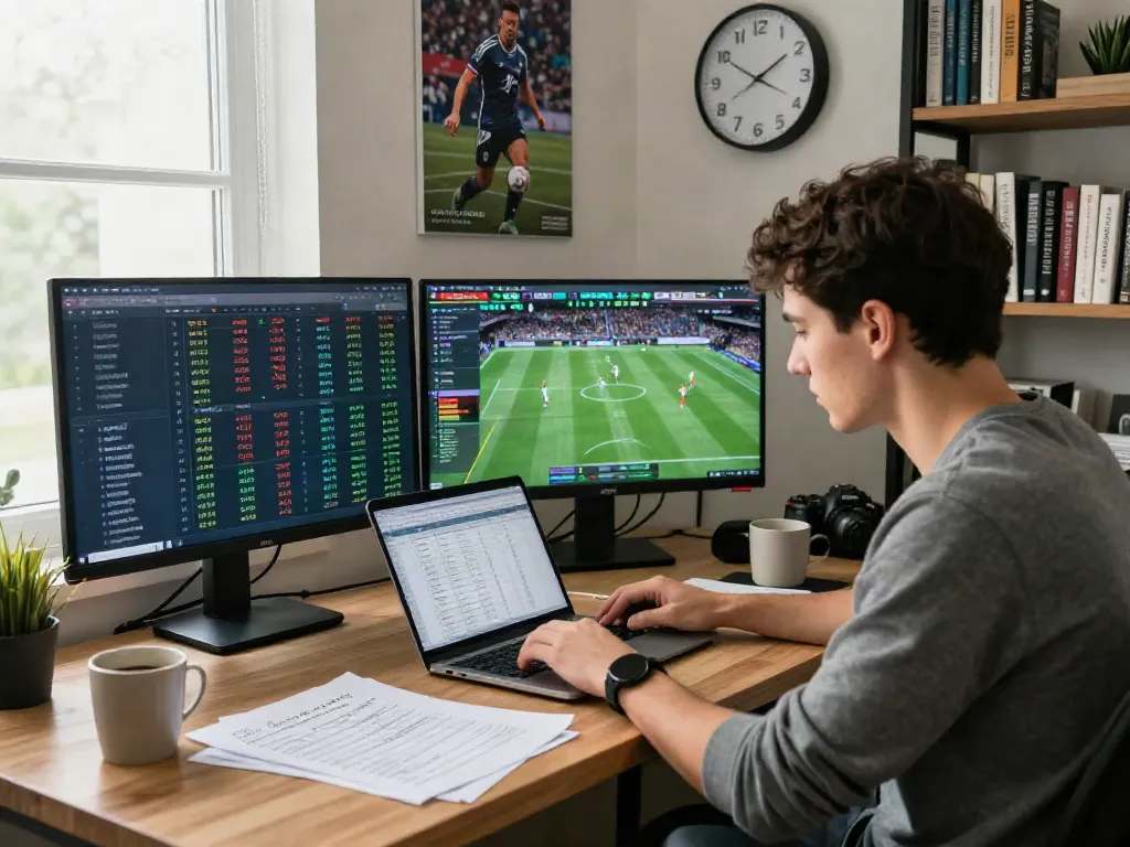 Merahtoto analisis taruhan olahraga di ruang kerja modern dengan statistik dan strategi.