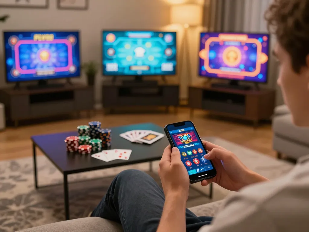 Engaging in mobile gaming on the fly88 app, showcasing a lively online casino experience from home