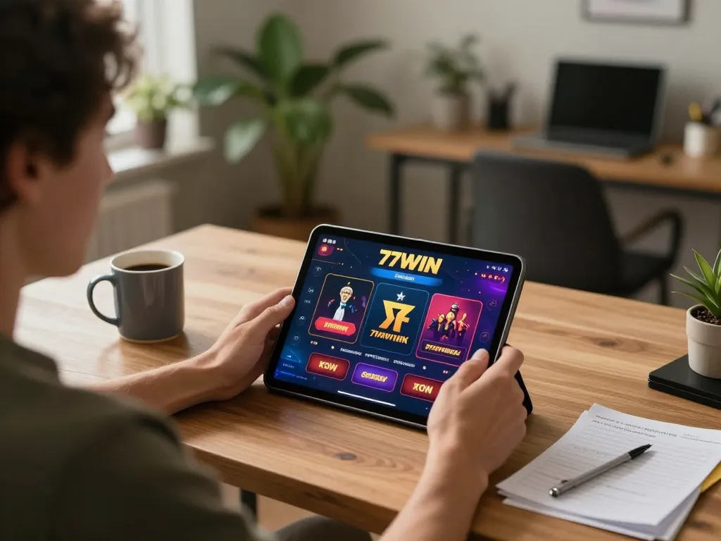 Engaging with 77WIN online casino on a tablet in a cozy home office