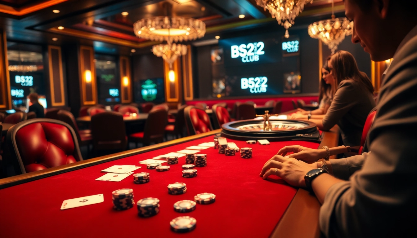 Gamblers enjoying intense poker action at B52 Club casino table with vibrant decor.