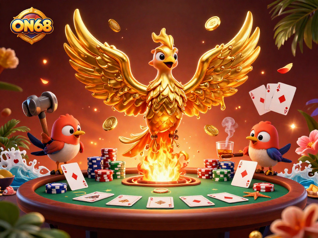 Engage in thrilling gaming with ON68's dynamic 3D illustration showcasing golden phoenix and poker elements.