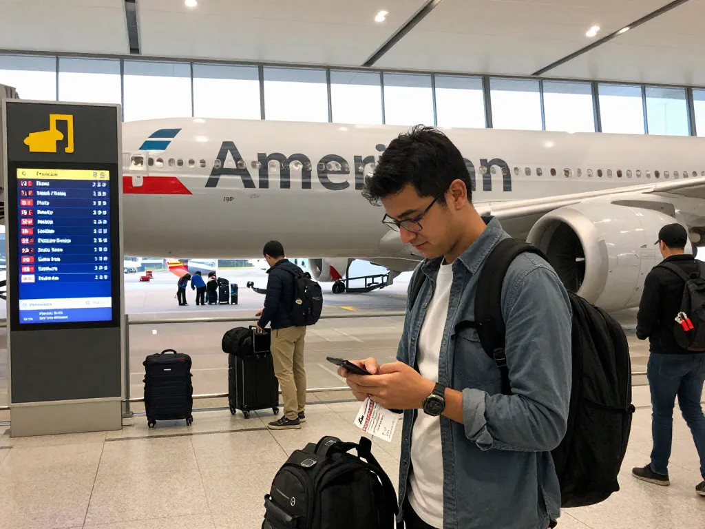 Traveler boarding the American Airlines 789P aircraft at the airport.